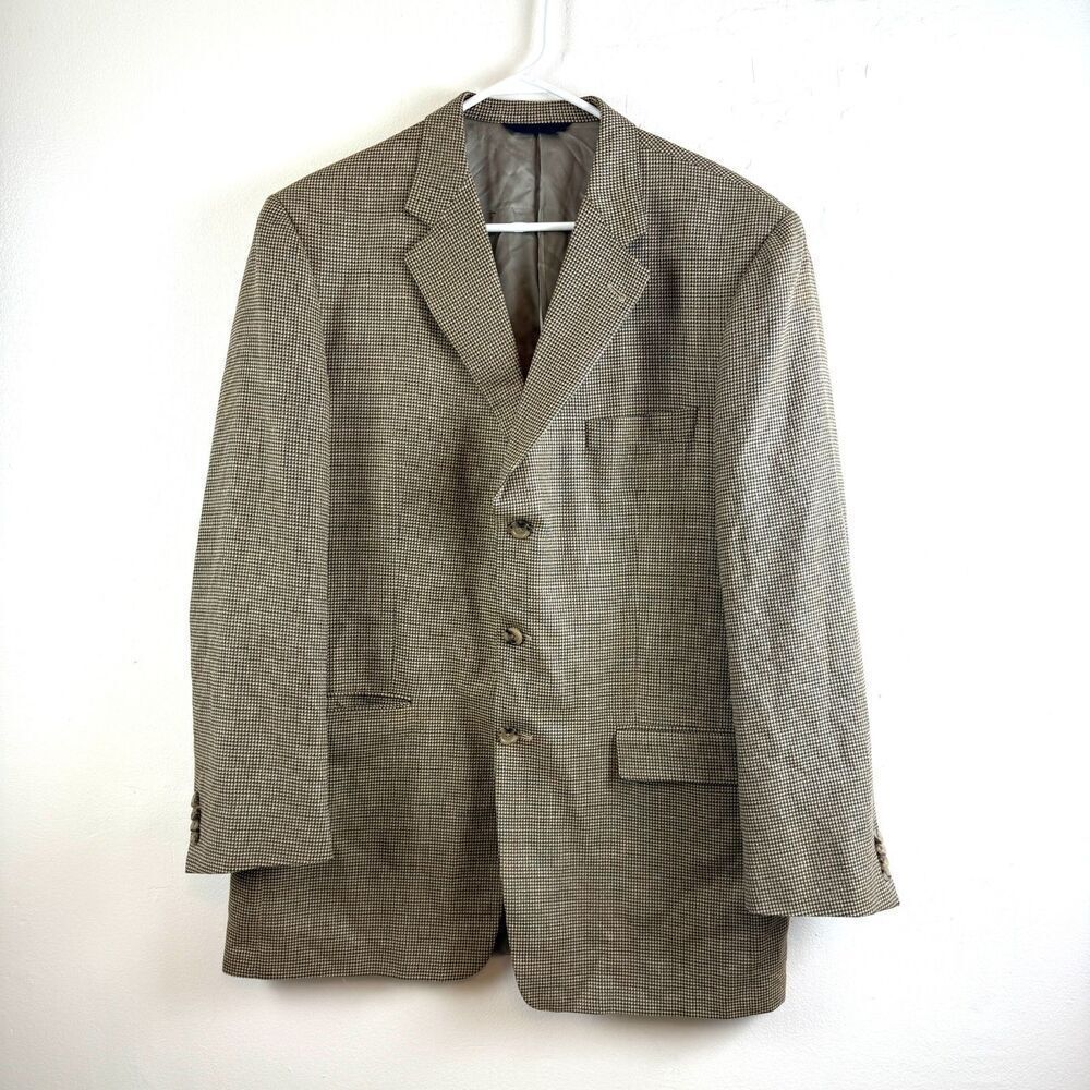 Burberry London Blazer Tan 100% Wool Sports Coat Suit Plaid Houndstooth Size 44L
